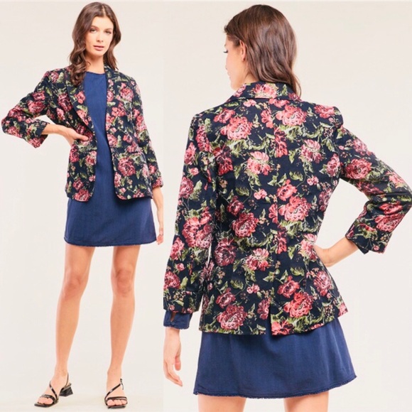 Black Floral Brocade Open Front Collard Long Sleeve Vintage Blazer